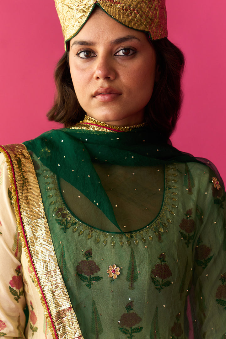 Nur Ivory block printed short anarkali with silk velvet garara and dupatta (set of 3)