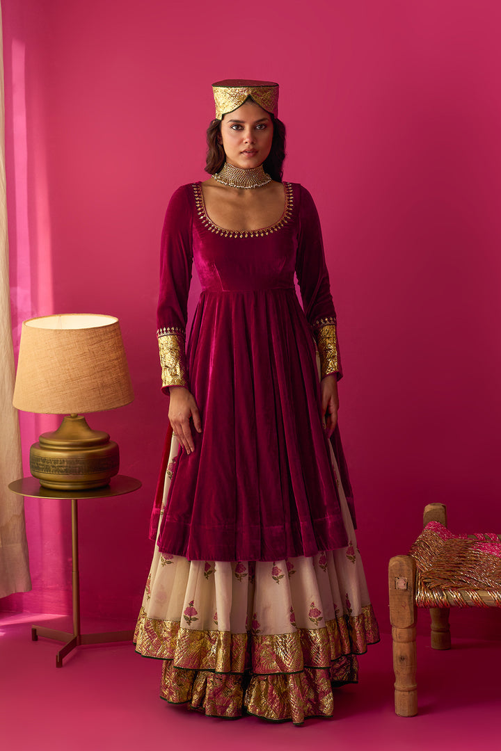 Nur Ivory block printed double layerd lehenga with silk velvet kalidar kurta and shawl (set of 3)