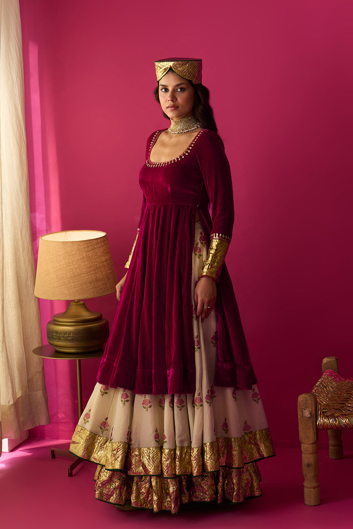 Nur Ivory block printed double layerd lehenga with silk velvet kalidar kurta and shawl (set of 3)