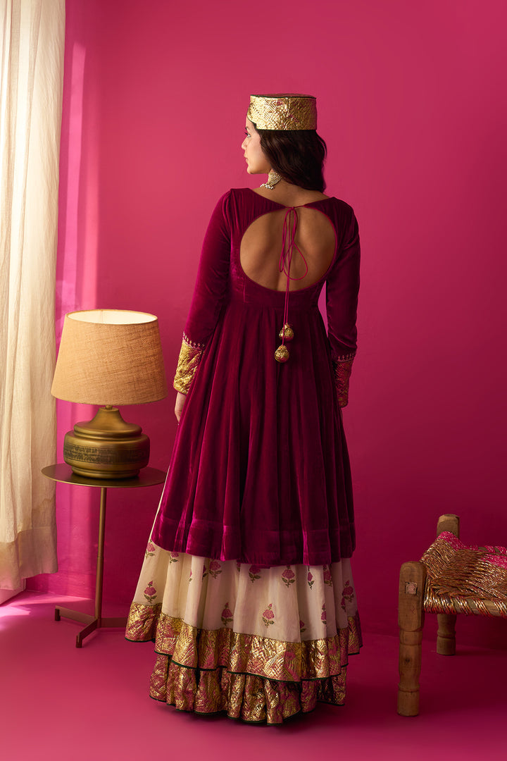 Nur Ivory block printed double layerd lehenga with silk velvet kalidar kurta and shawl (set of 3)