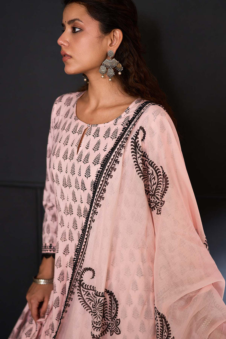 Siyahi soft pink block printed anarkali with solid palazzo and printed dupatta ( set of 3 )
