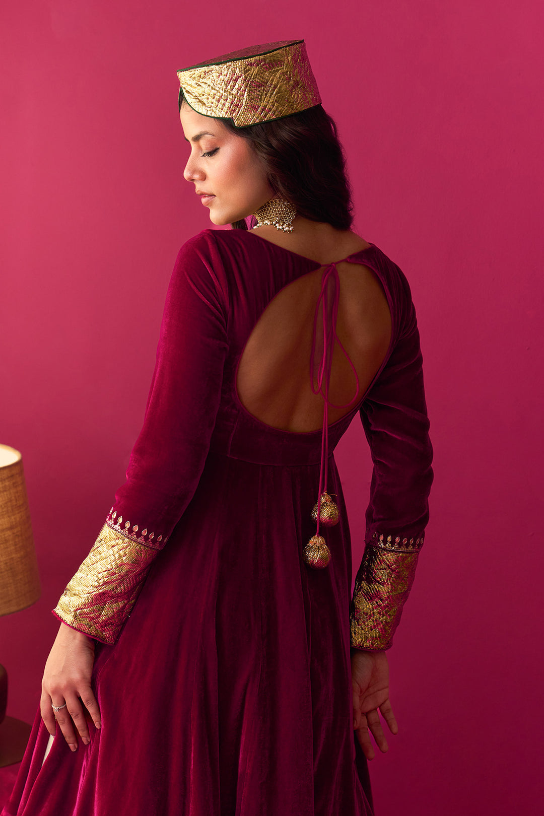 Nur Ivory block printed double layerd lehenga with silk velvet kalidar kurta and shawl (set of 3)