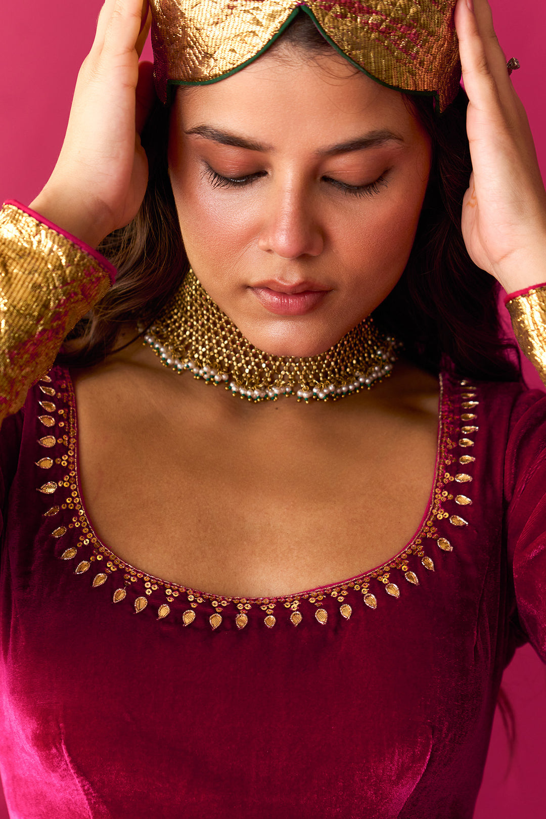 Nur Ivory block printed double layerd lehenga with silk velvet kalidar kurta and shawl (set of 3)