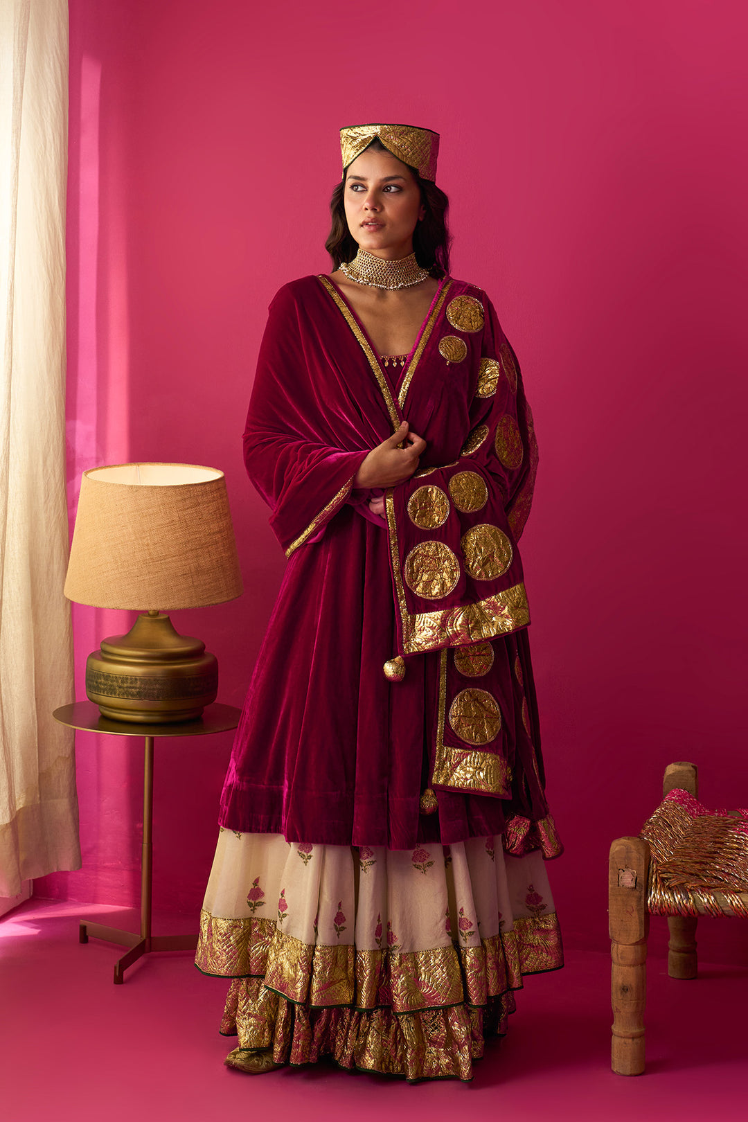 Nur Ivory block printed double layerd lehenga with silk velvet kalidar kurta and shawl (set of 3)