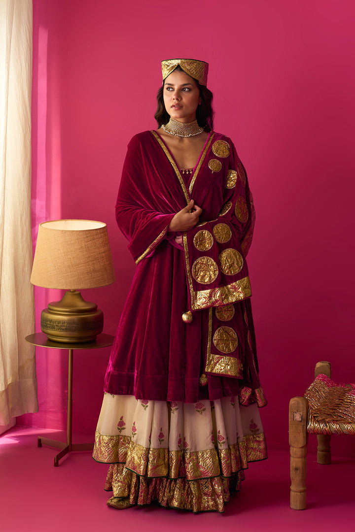 Nur Ivory block printed double layerd lehenga with silk velvet kalidar kurta and shawl (set of 3)