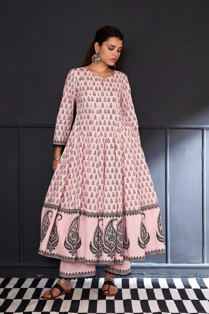 Siyahi soft pink block printed anarkali with solid palazzo and printed dupatta ( set of 3 )