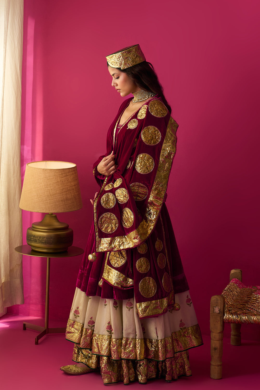 Nur Ivory block printed double layerd lehenga with silk velvet kalidar kurta and shawl (set of 3)