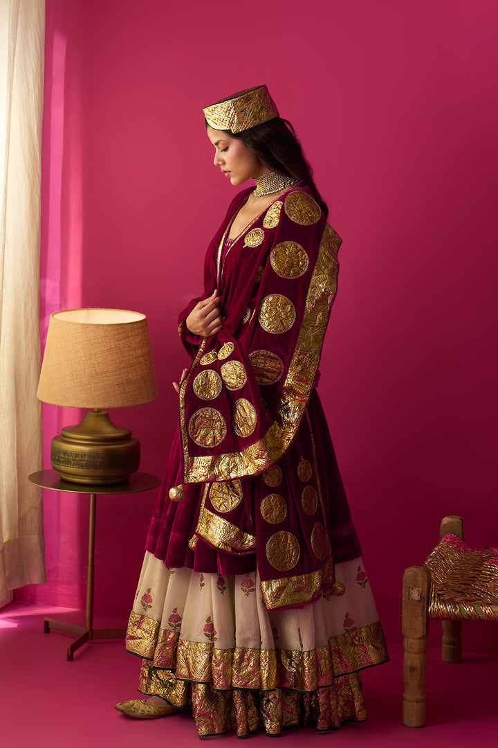 Nur Ivory block printed double layerd lehenga with silk velvet kalidar kurta and shawl (set of 3)