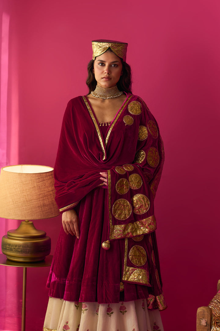 Nur Ivory block printed double layerd lehenga with silk velvet kalidar kurta and shawl (set of 3)