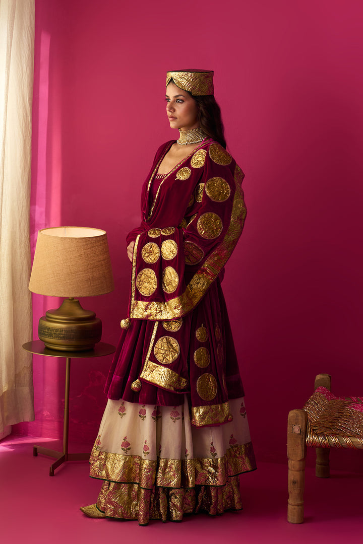 Nur Ivory block printed double layerd lehenga with silk velvet kalidar kurta and shawl (set of 3)