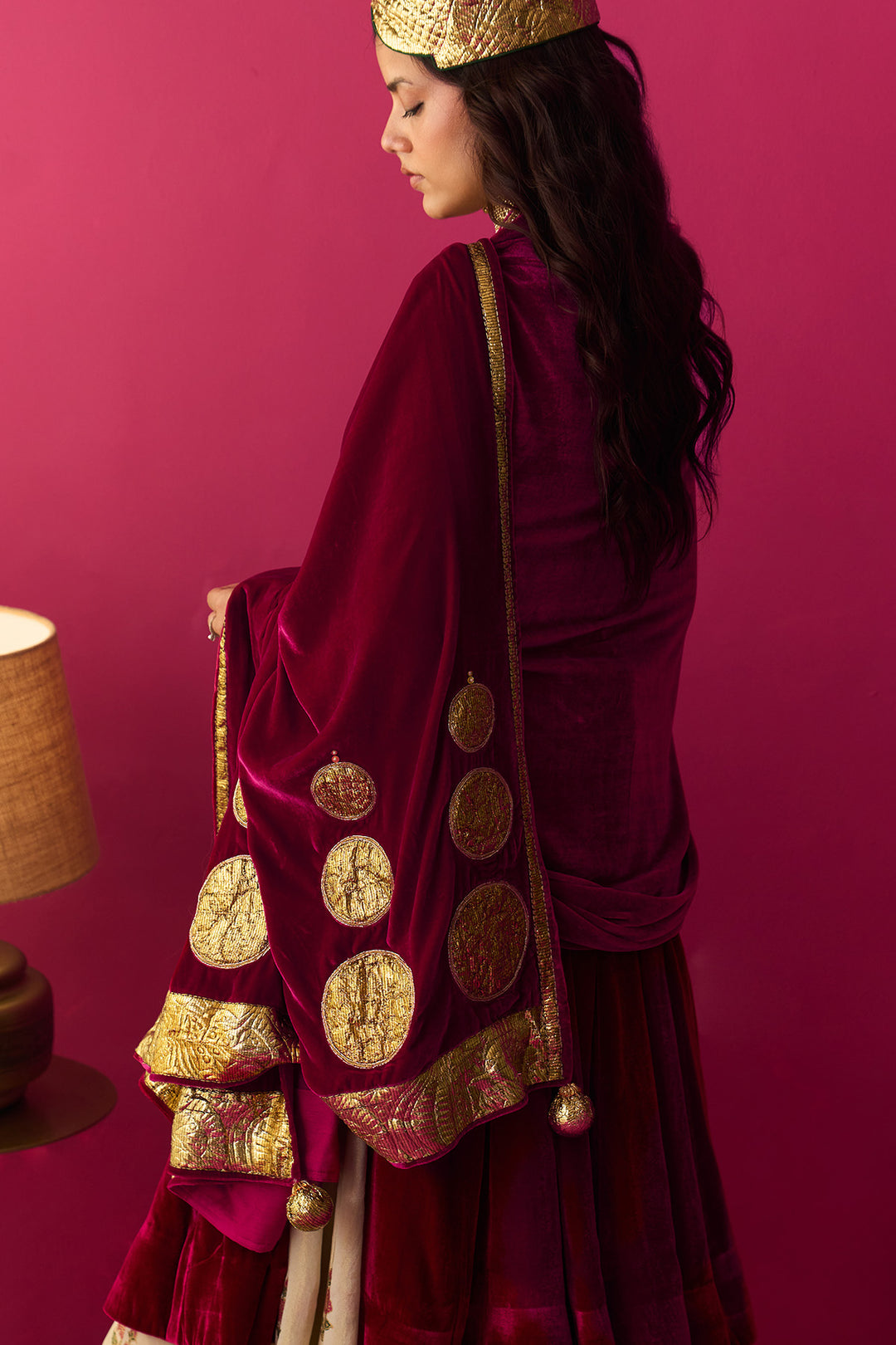 Nur Ivory block printed double layerd lehenga with silk velvet kalidar kurta and shawl (set of 3)