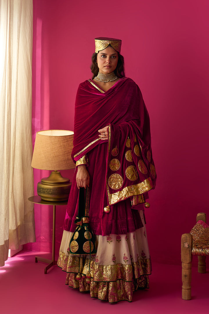 Nur Ivory block printed double layerd lehenga with silk velvet kalidar kurta and shawl (set of 3)