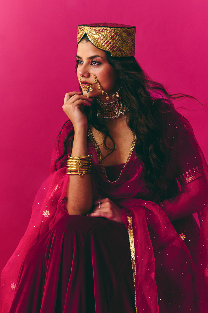 Nur pink flare anarkali with chooridar and dupatta (set of 3)