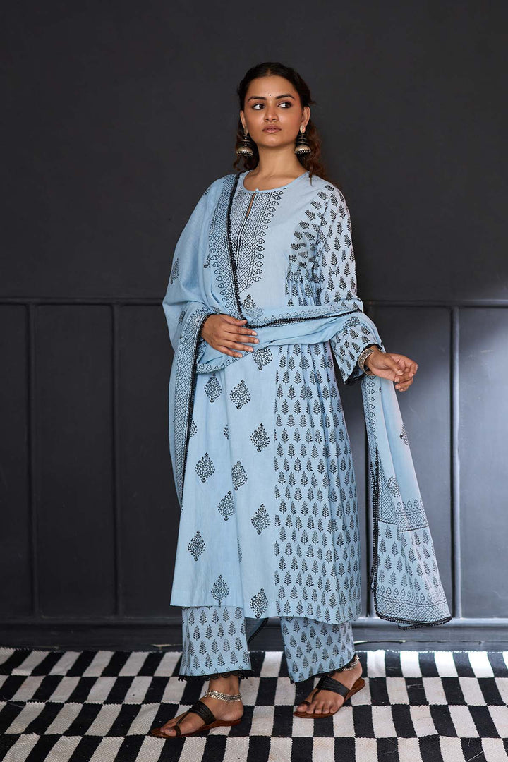Siyahi blue Block printed side gather kurta with palazzo and printed dupatta ( set of 3 )
