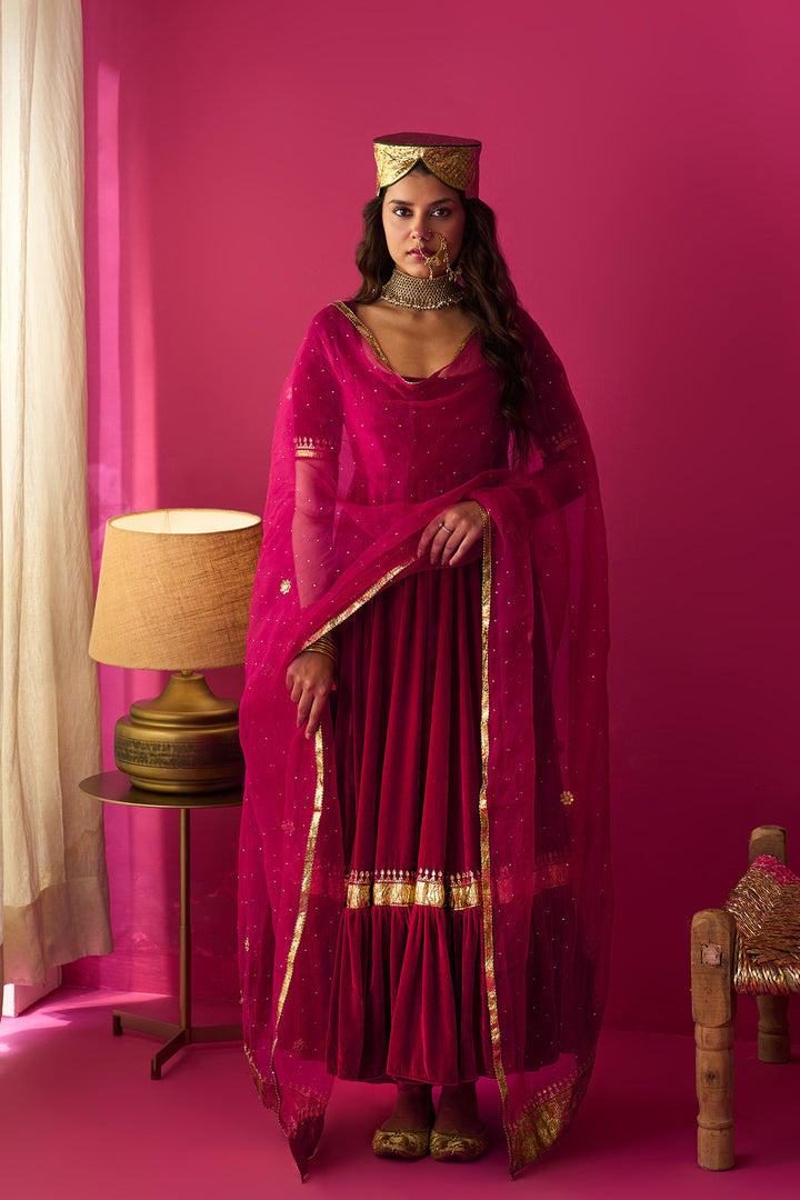 Nur pink flare anarkali with chooridar and dupatta (set of 3)