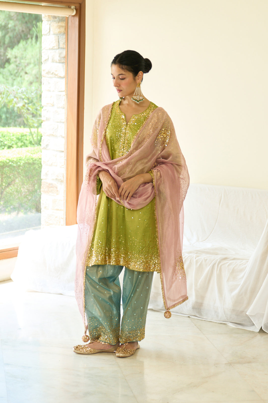 Saanjh sequins neon choga with salwar and dupatta ( set of 3)