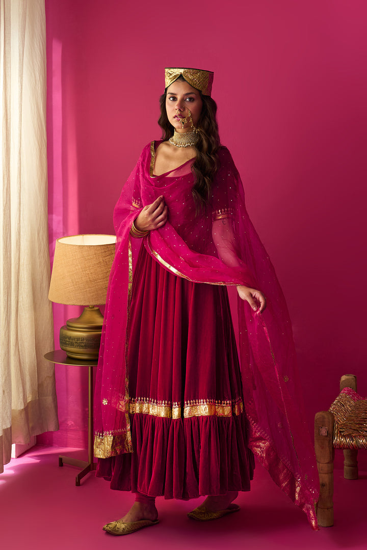 Nur pink flare anarkali with chooridar and dupatta (set of 3)