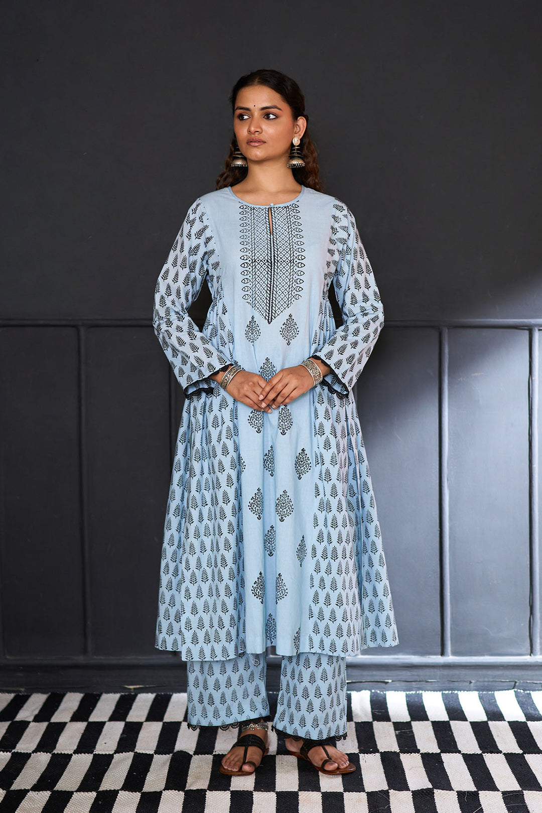 Siyahi blue Block printed side gather kurta with palazzo and printed dupatta ( set of 3 )