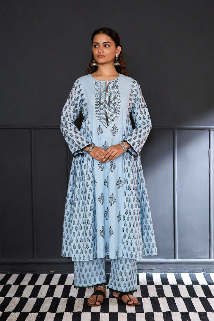 Siyahi blue Block printed side gather kurta with palazzo and printed dupatta ( set of 3 )