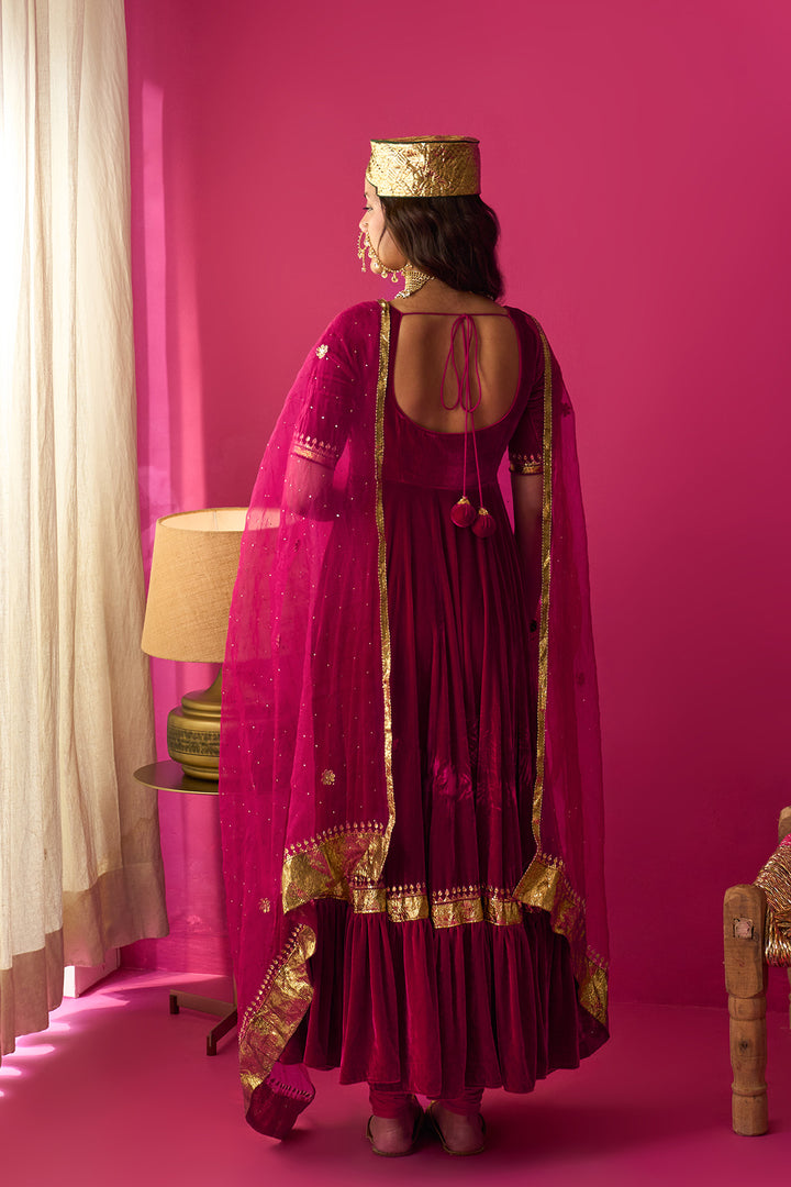 Nur pink flare anarkali with chooridar and dupatta (set of 3)