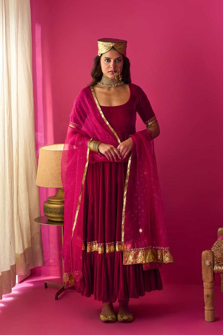 Nur pink flare anarkali with chooridar and dupatta (set of 3)