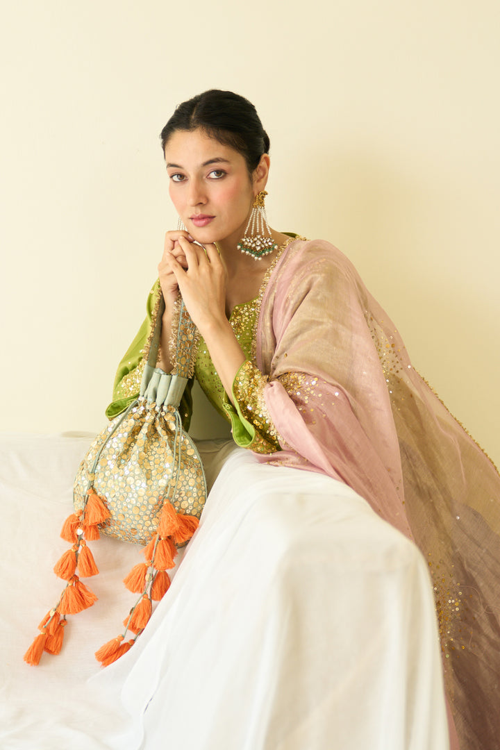 Saanjh sequins neon choga with salwar and dupatta ( set of 3)