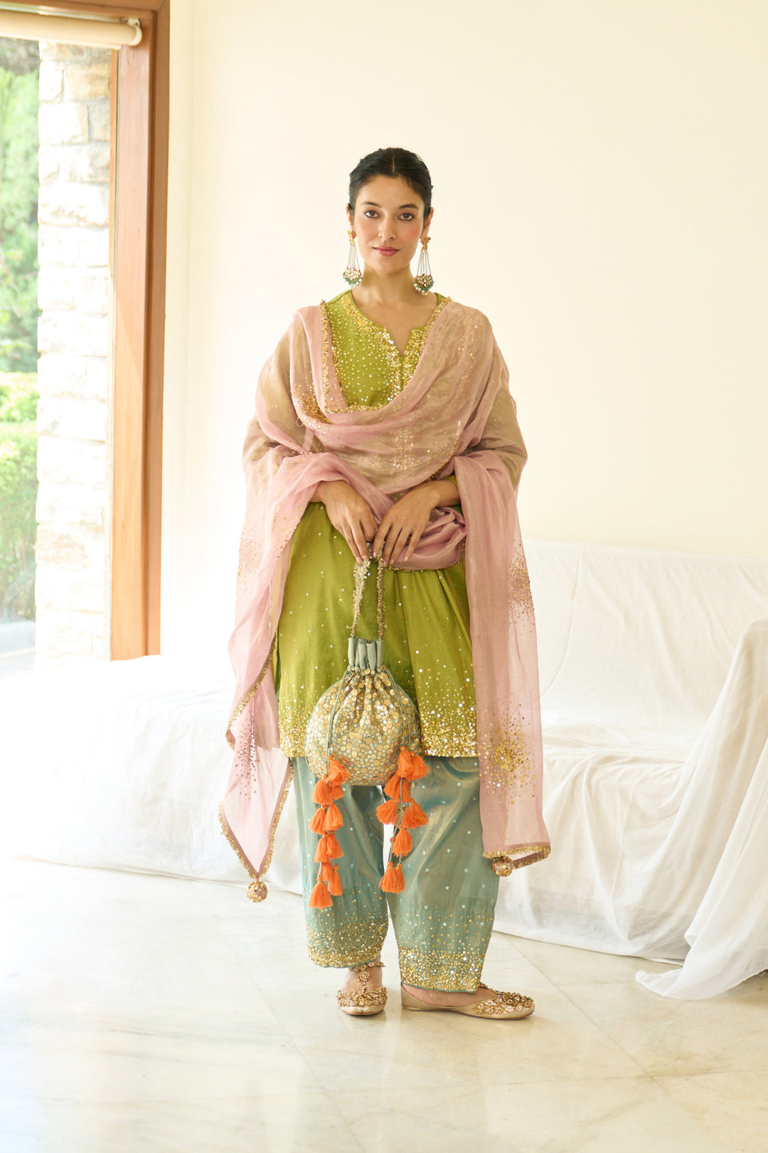 Saanjh sequins neon choga with salwar and dupatta ( set of 3)