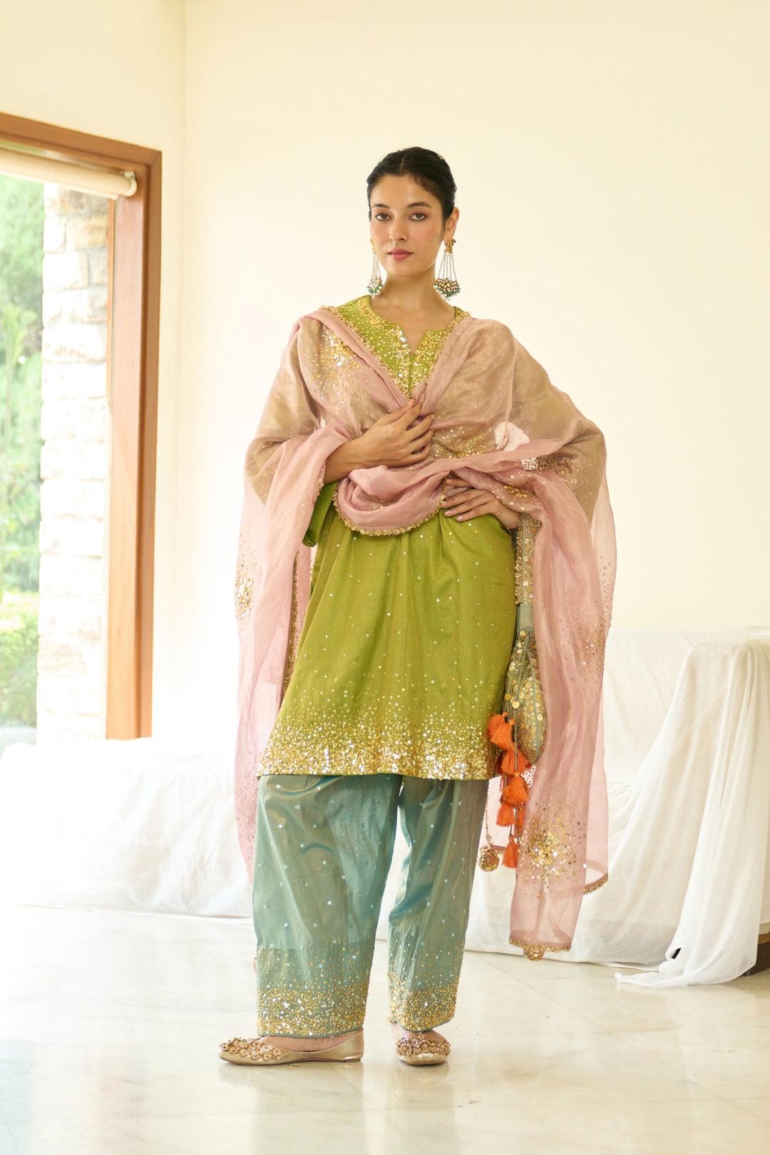 Saanjh sequins neon choga with salwar and dupatta ( set of 3)