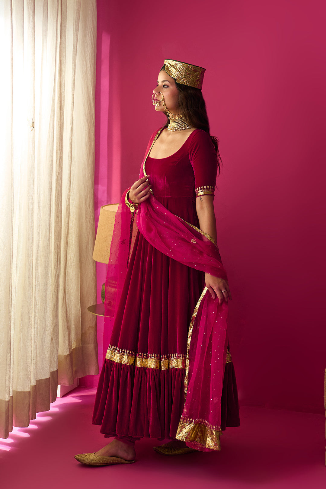 Nur pink flare anarkali with chooridar and dupatta (set of 3)