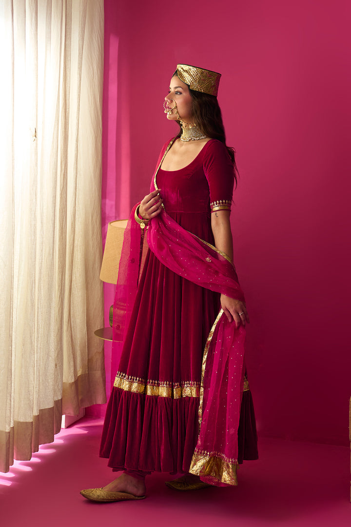 Nur pink flare anarkali with chooridar and dupatta (set of 3)