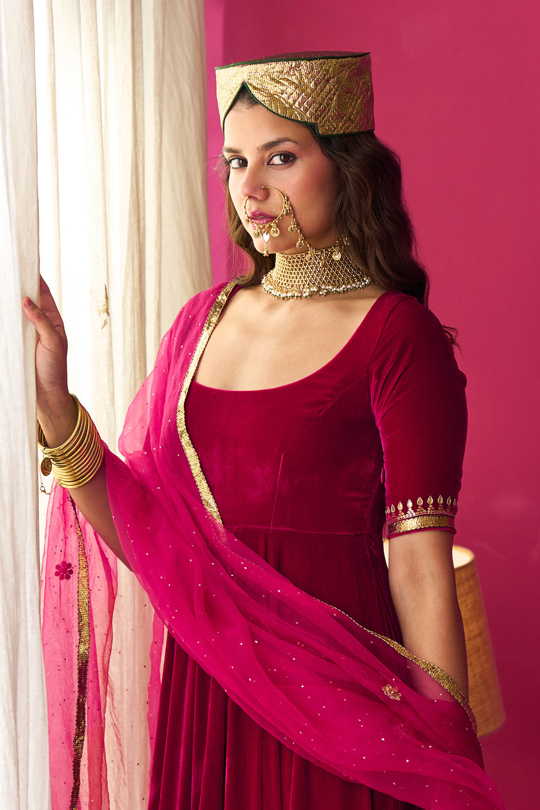 Nur pink flare anarkali with chooridar and dupatta (set of 3)