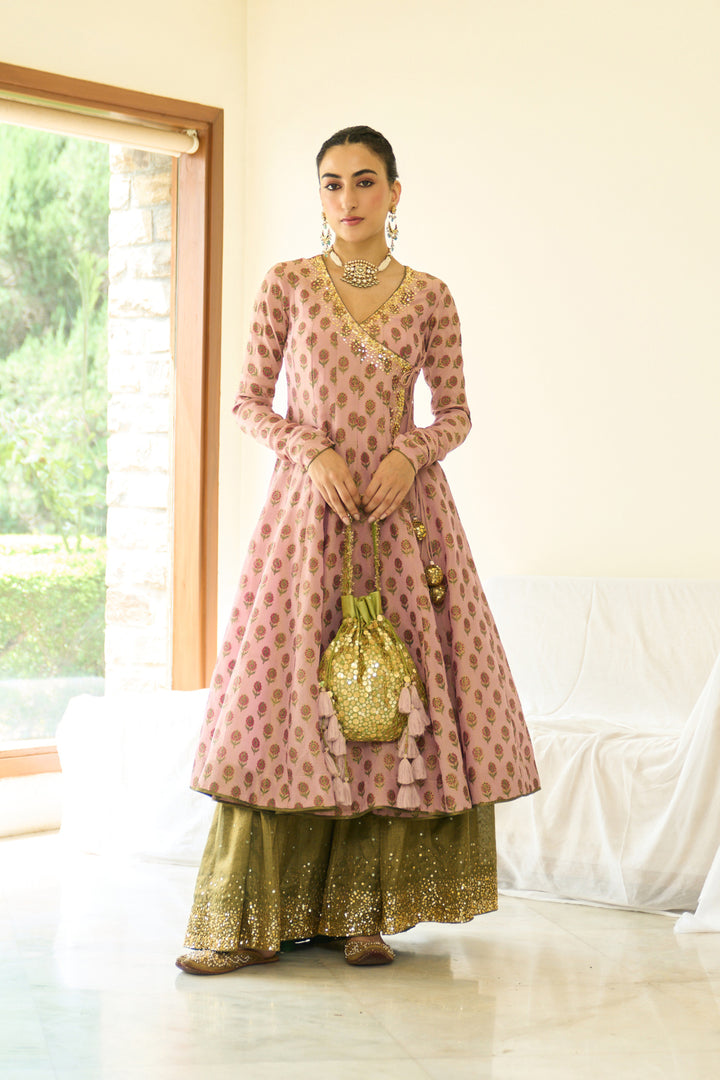 Saanjh sequins pink hand block printed angrakha with sharara and dupatta ( set of 3)