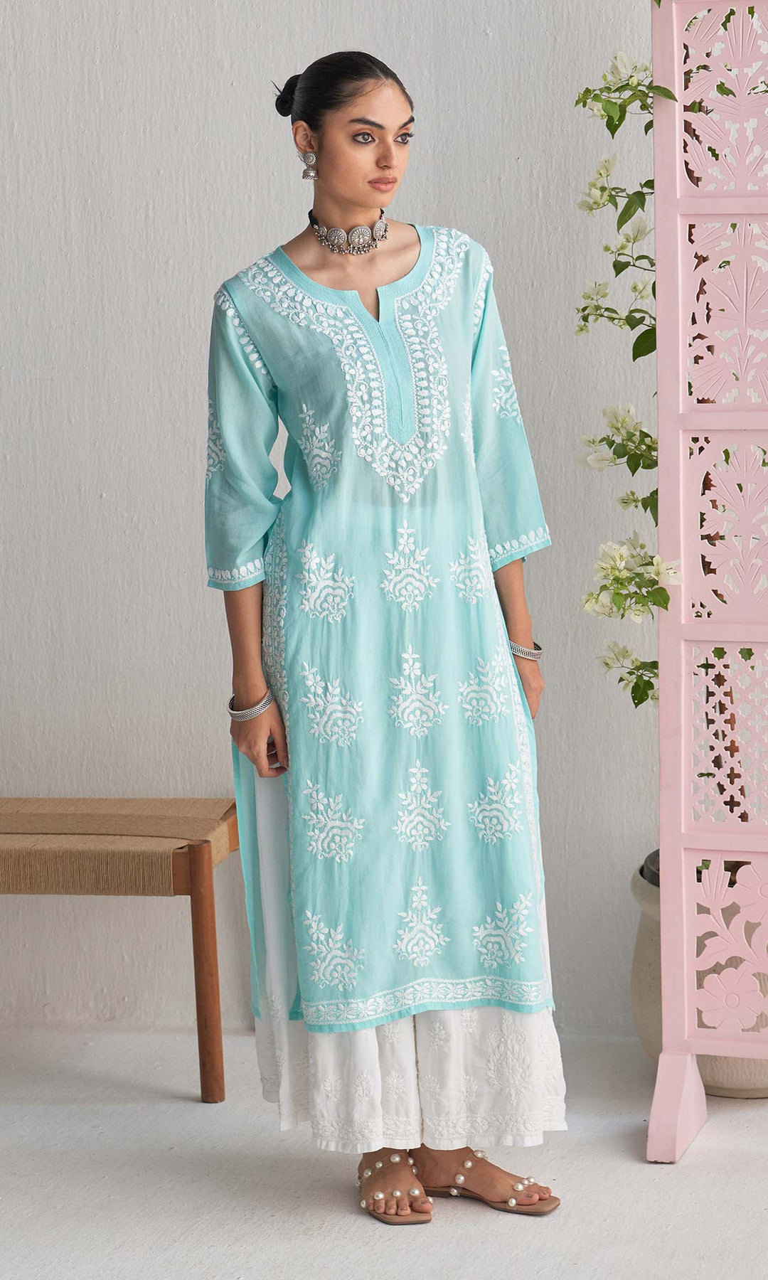 Handcrafted Chikankari Blue Straight Kurta