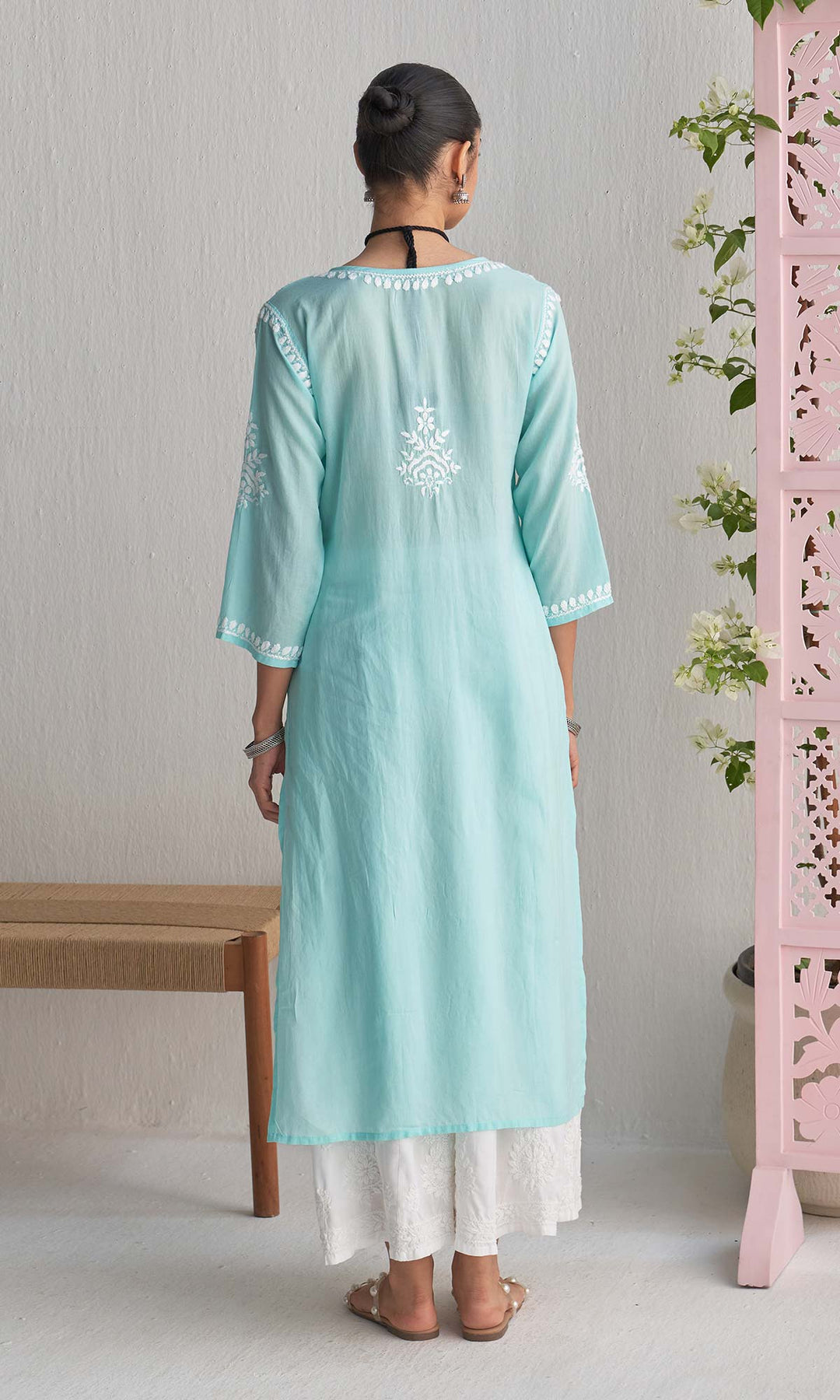 Handcrafted Chikankari Blue Straight Kurta