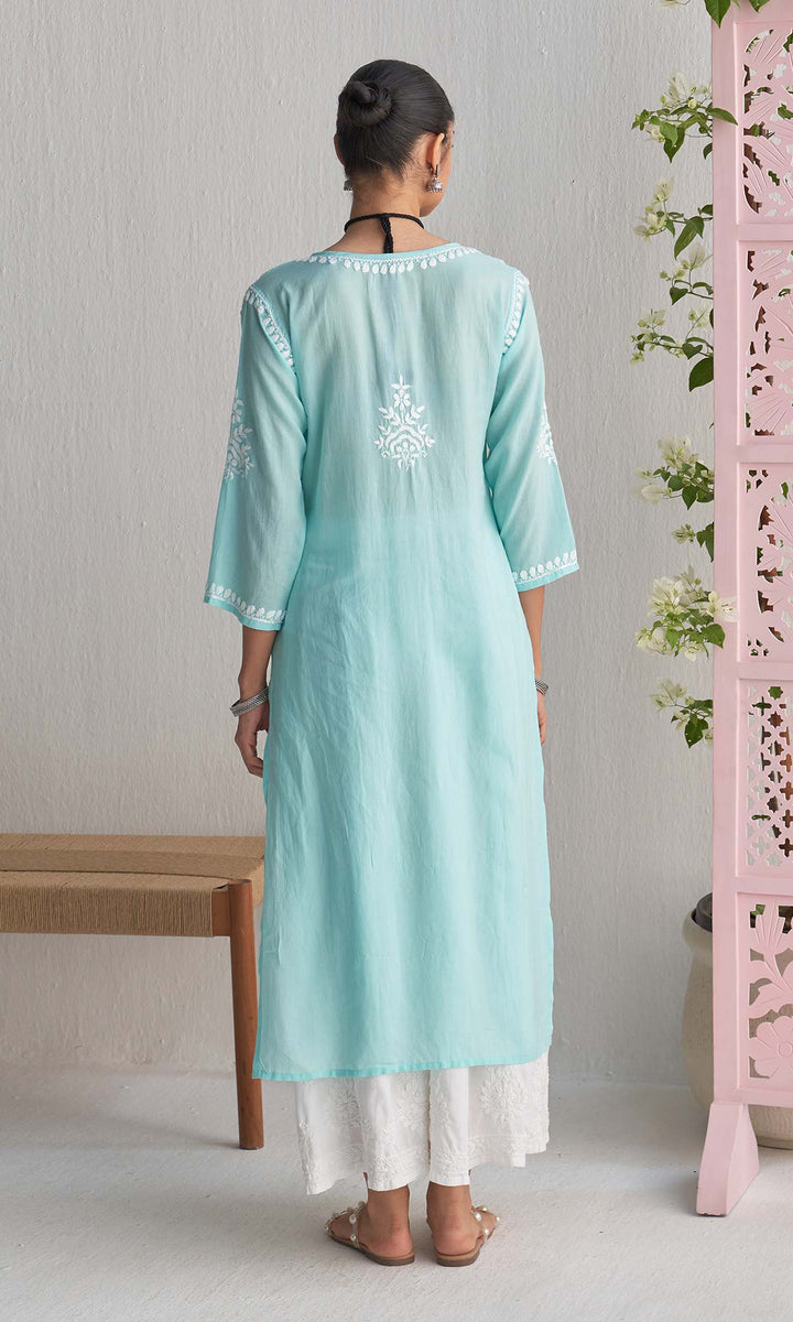 Handcrafted Chikankari Blue Straight Kurta