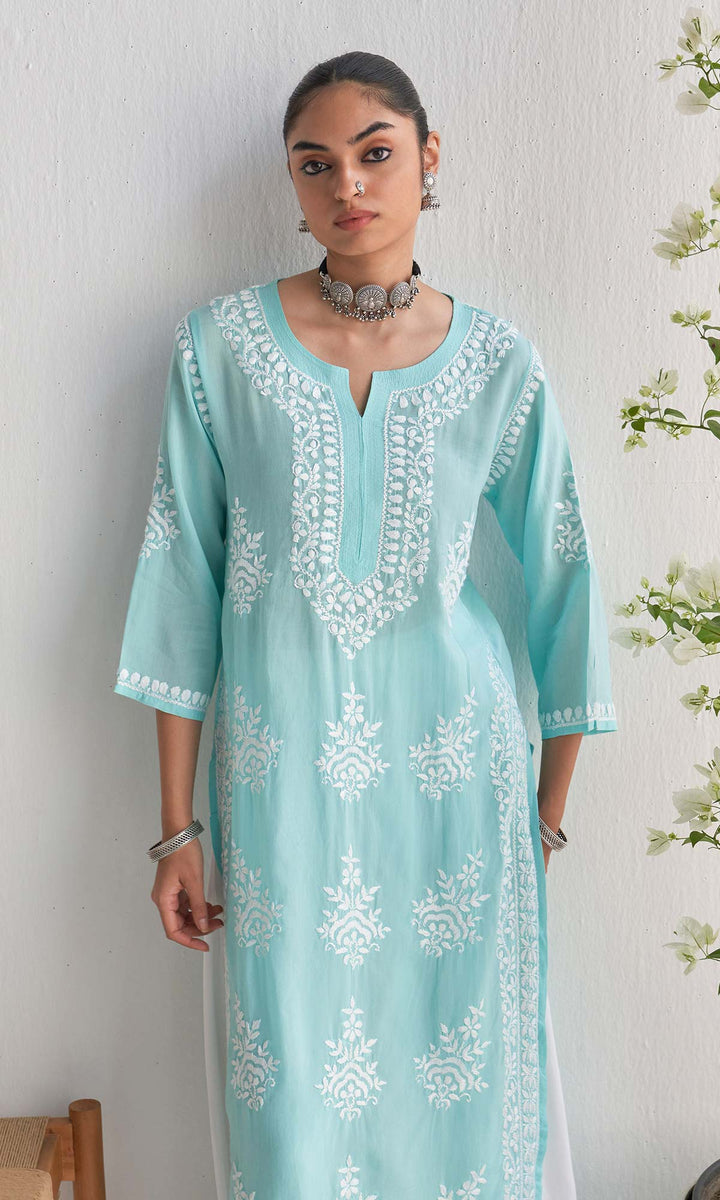 Handcrafted Chikankari Blue Straight Kurta