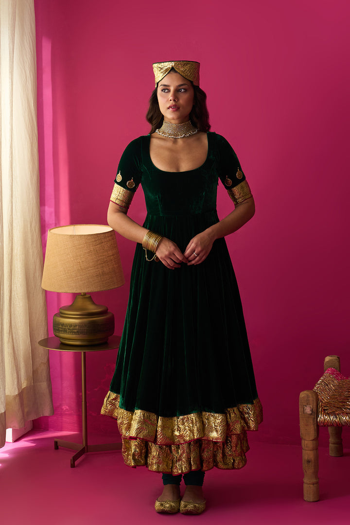 Nur green silk velvet double layer anarkali with chooridar and shawl (set of 3)