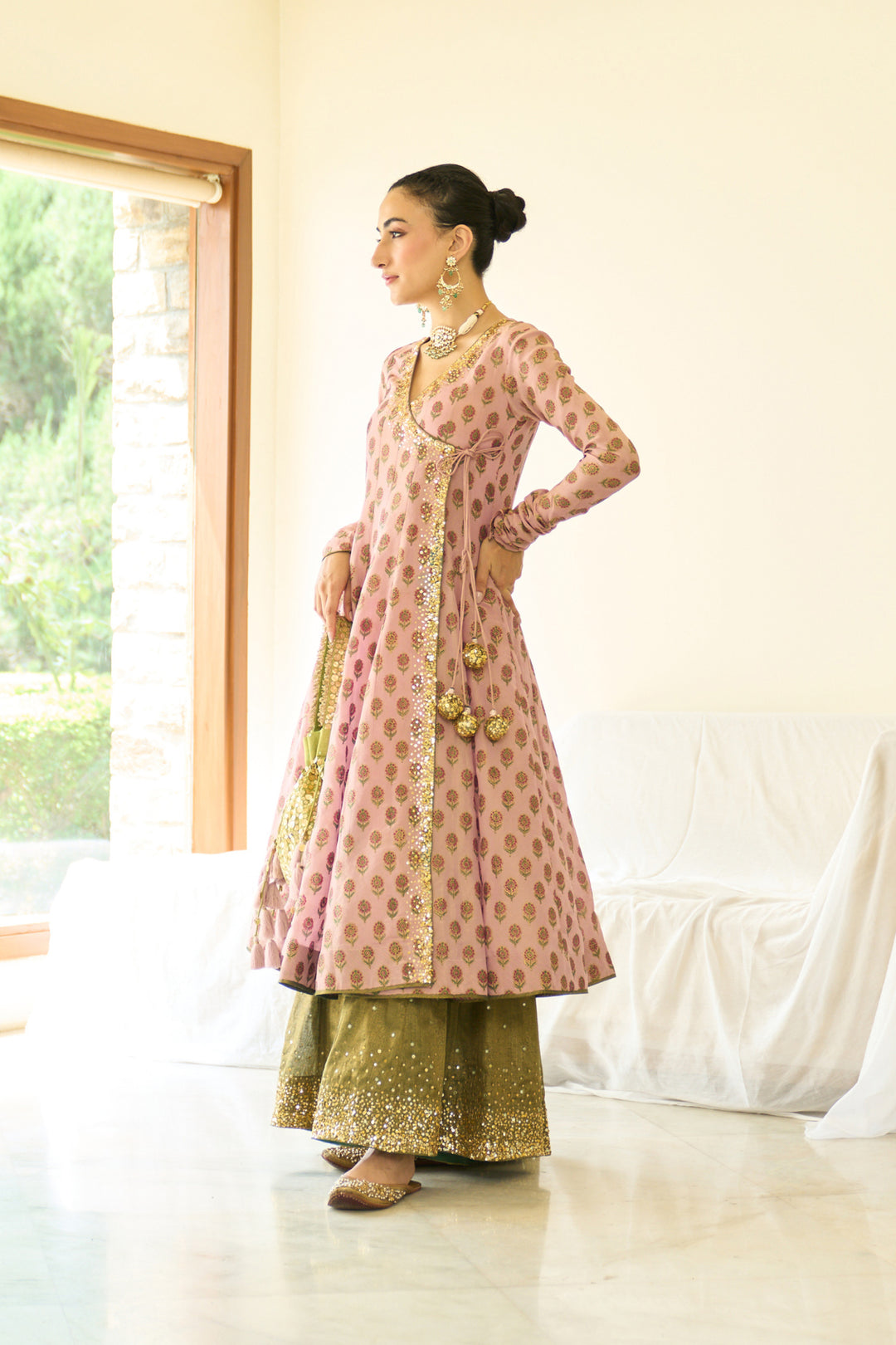 Saanjh sequins pink hand block printed angrakha with sharara and dupatta ( set of 3)
