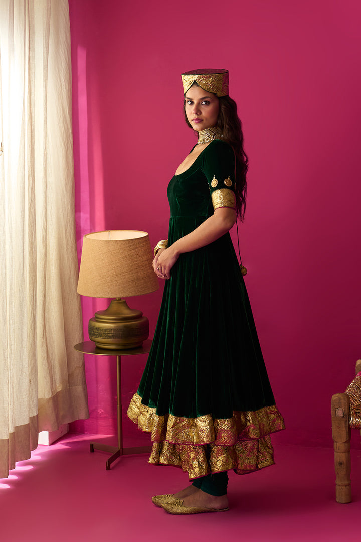 Nur green silk velvet double layer anarkali with chooridar and shawl (set of 3)