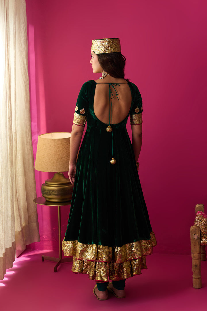 Nur green silk velvet double layer anarkali with chooridar and dupatta (set of 3)