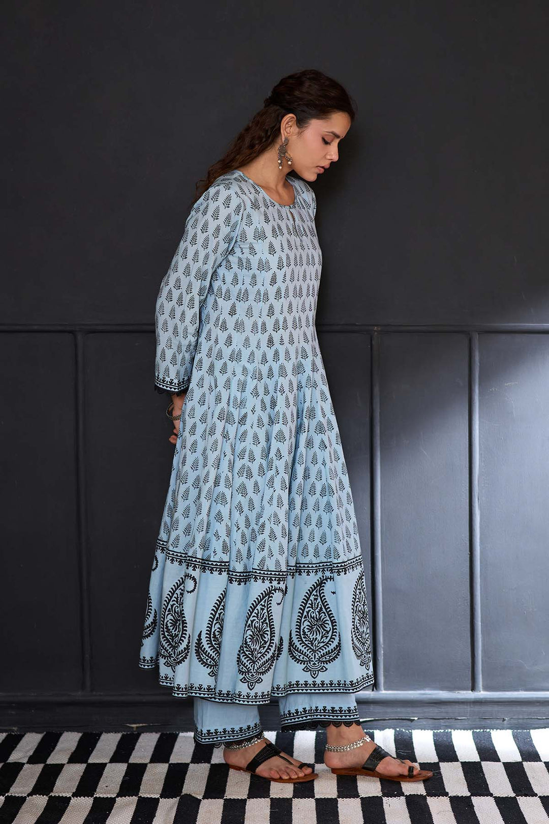 Siyahi blue block printed anarkali with solid palazzo and printed dupatta ( set of 3 )