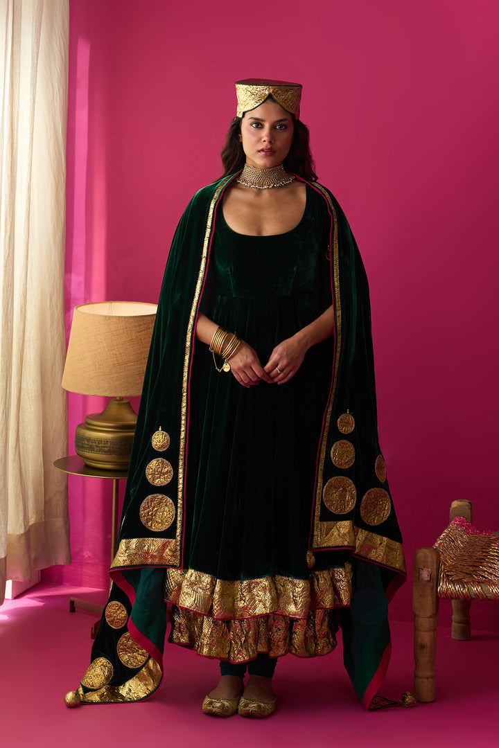 Nur green silk velvet double layer anarkali with chooridar and shawl (set of 3)