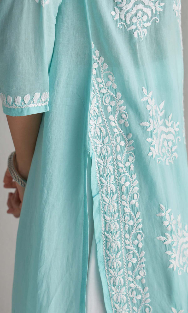 Handcrafted Chikankari Blue Straight Kurta