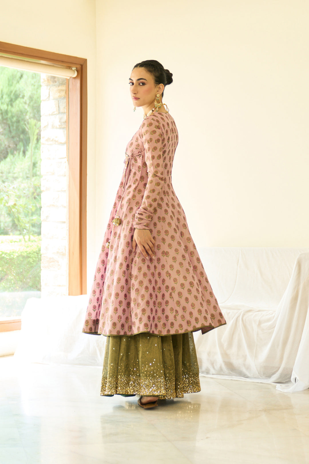 Saanjh sequins pink hand block printed angrakha with sharara and dupatta ( set of 3)