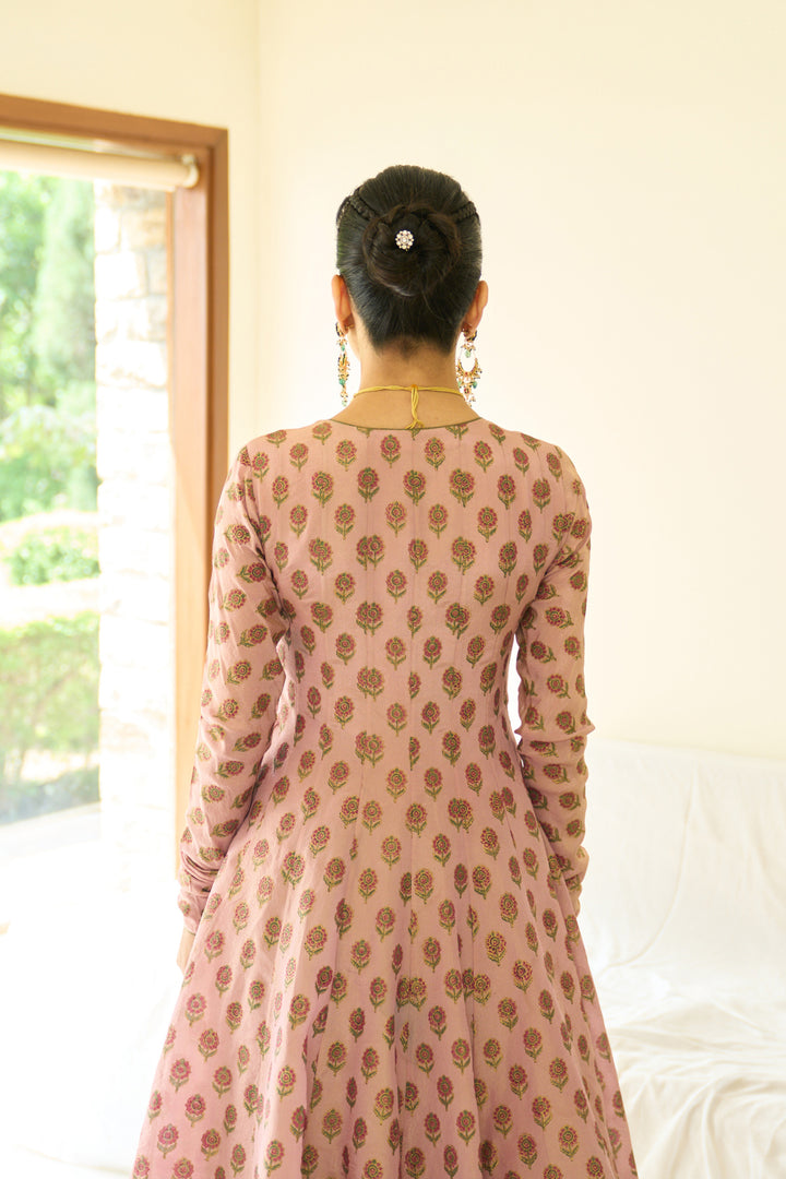 Saanjh sequins pink hand block printed angrakha with sharara and dupatta ( set of 3)