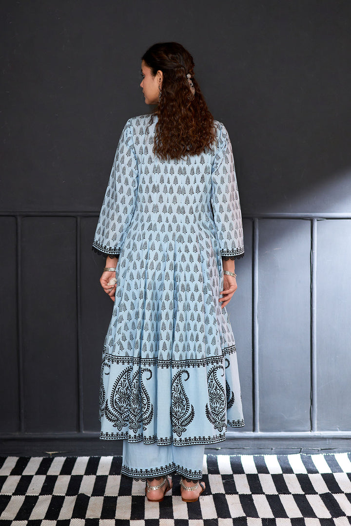 Siyahi blue block printed anarkali with solid palazzo and printed dupatta ( set of 3 )