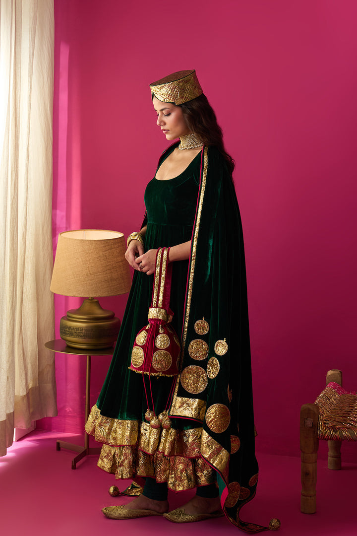 Nur green silk velvet double layer anarkali with chooridar and shawl (set of 3)