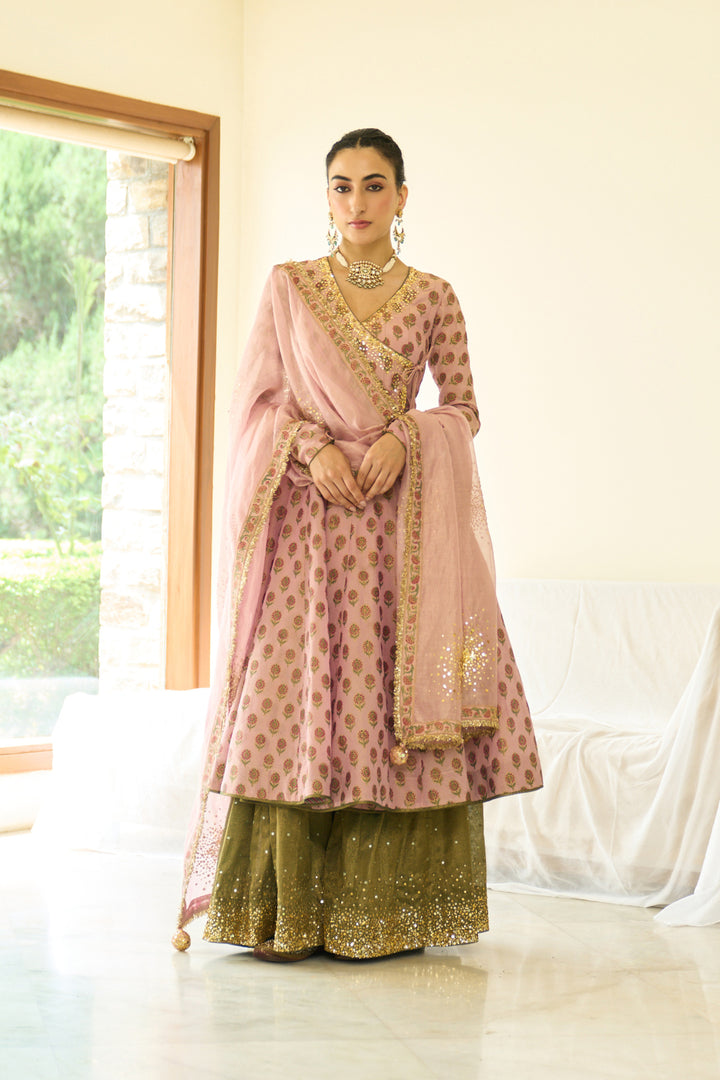 Saanjh sequins pink hand block printed angrakha with sharara and dupatta ( set of 3)