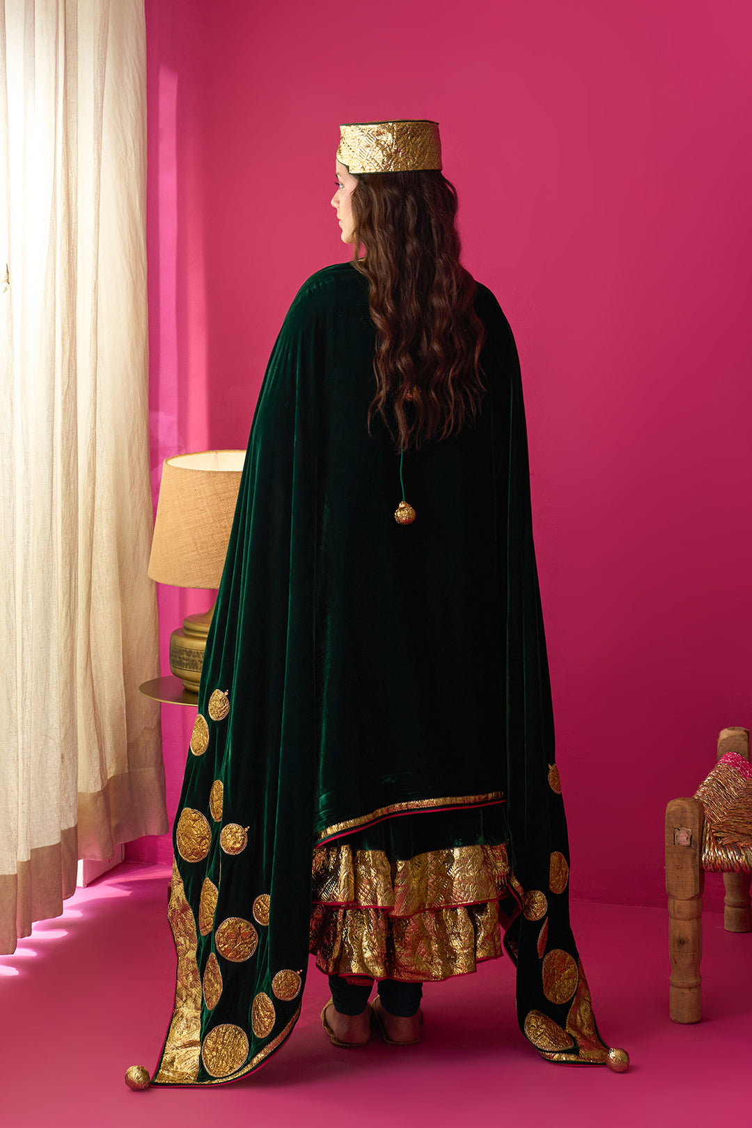 Nur green silk velvet double layer anarkali with chooridar and shawl (set of 3)