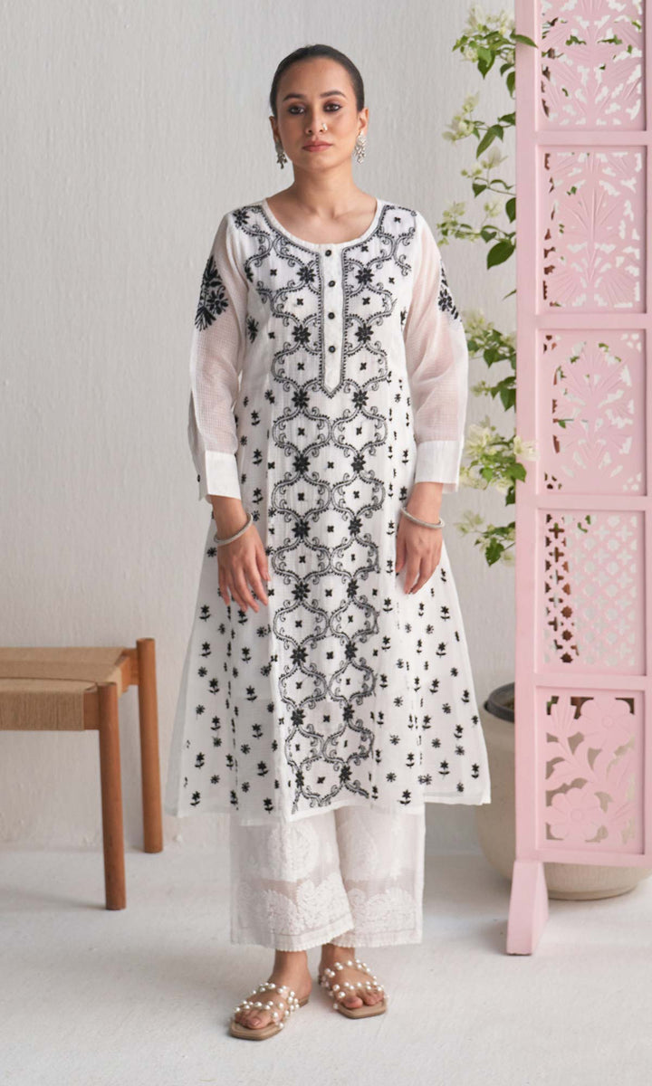 Handcrafted Chikankari White  A-Line with Inner